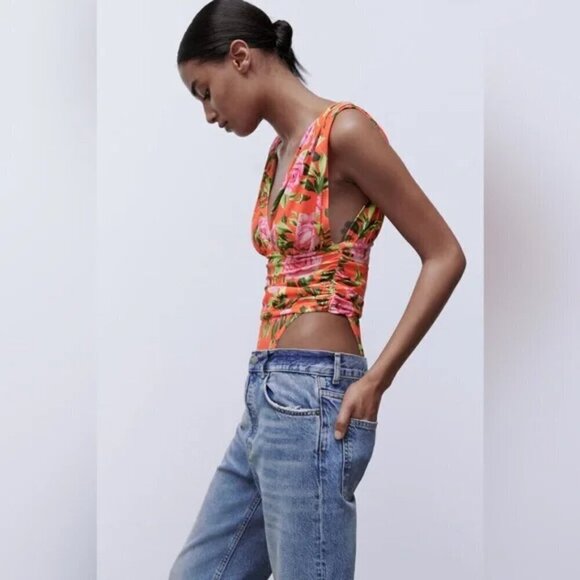 NWT Zara Tropical Floral Draped Thong Bodysuit - Picture 3 of 8